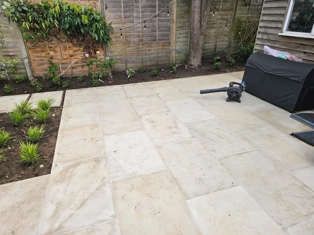 Sandstone patio laid by CWL Landscapes